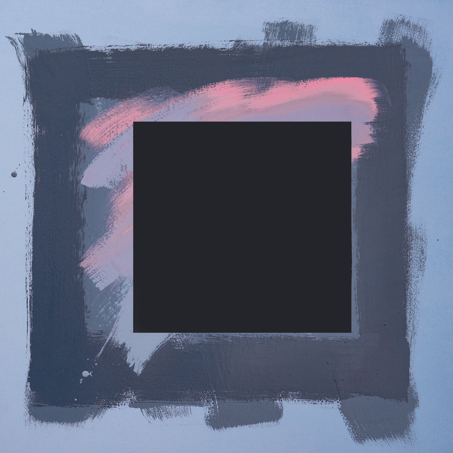 Loosely painted greys on a lighter blue/grey background with a smudge of pink, overpainted with a dark grey square.