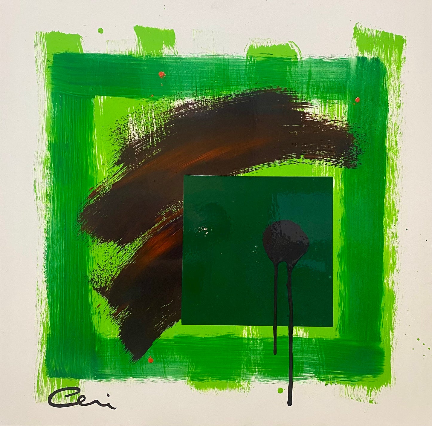 Loosely painted greens on an ivory background overlayed with a smudge of dark purple and red overpainted with a dark green square and purple, dripping round brush mark.