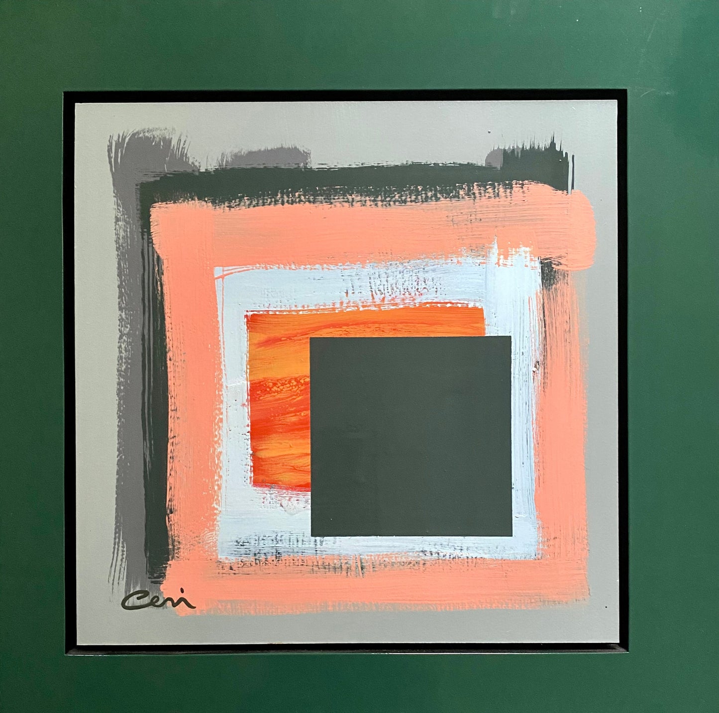Loosely painted grey and ping squares on a light grey background with a hard edged square.