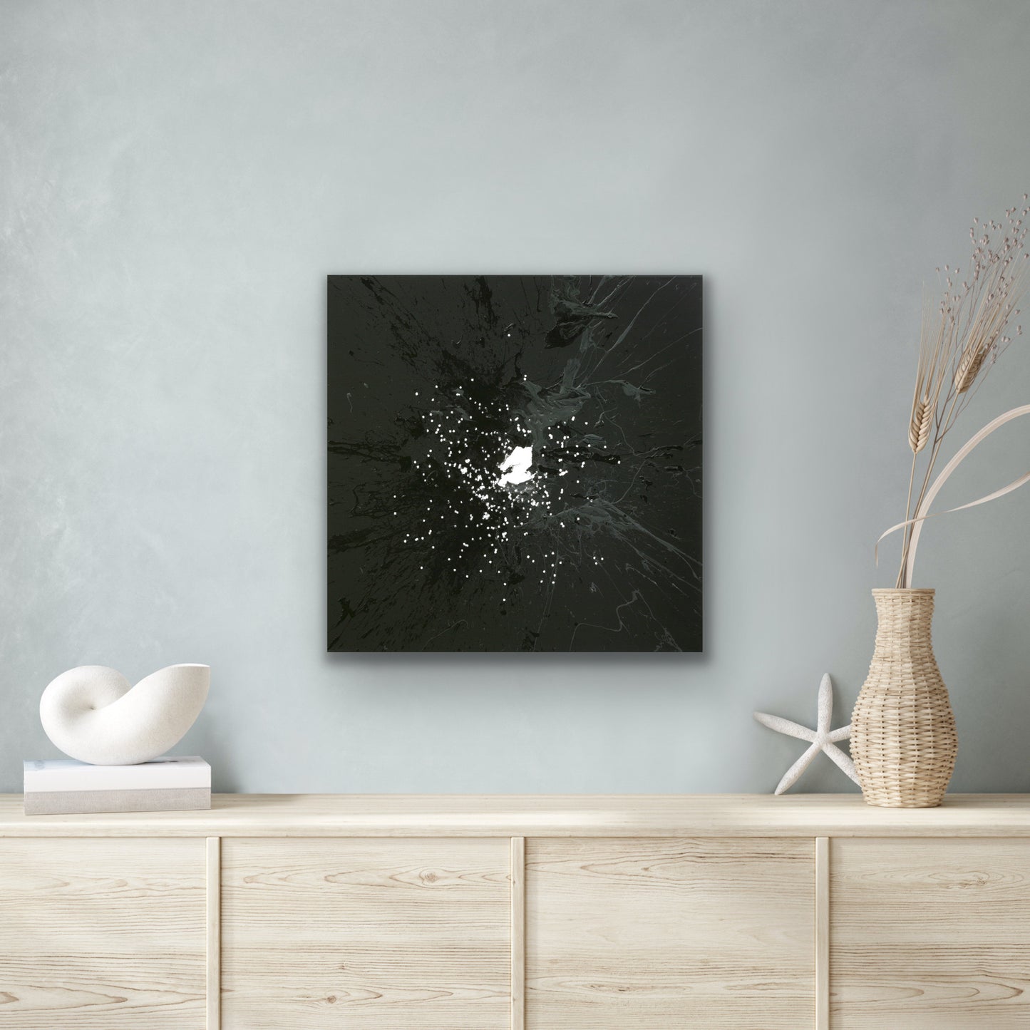 A picture of the painting "The Creation of Time" on a white wall.