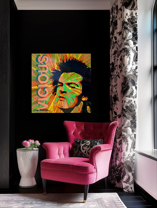 A picture of the paintng "Sid" on a black wall.