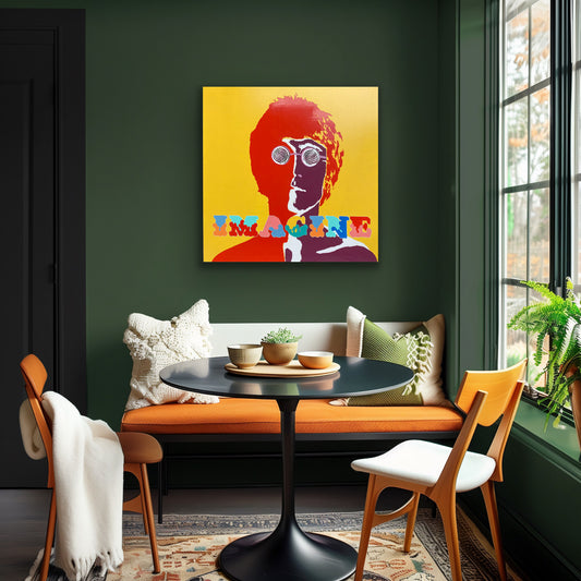 A picture of the painting "Imagine" on a green wall.