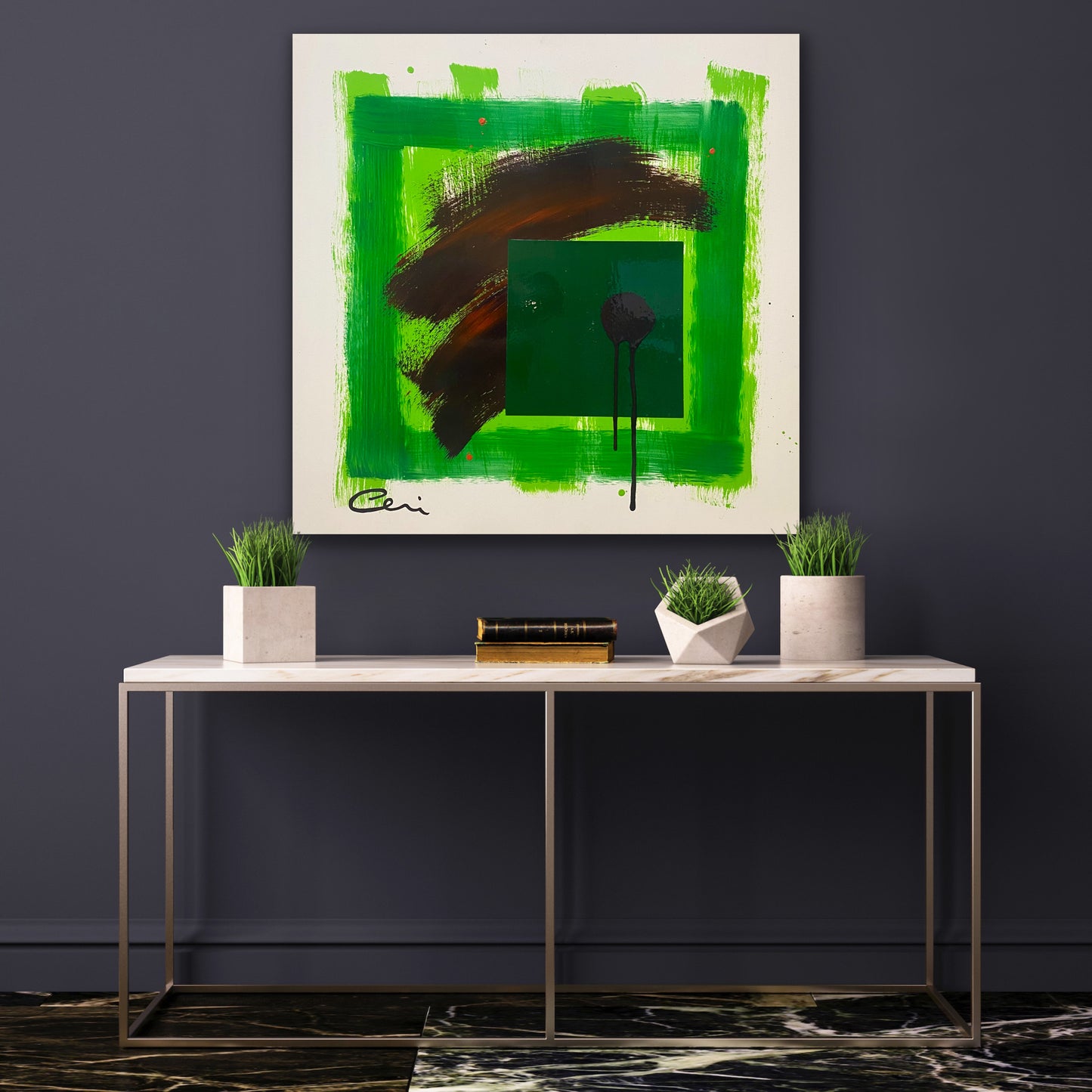 A picture of the painting "Blackberries" on a grey wall.