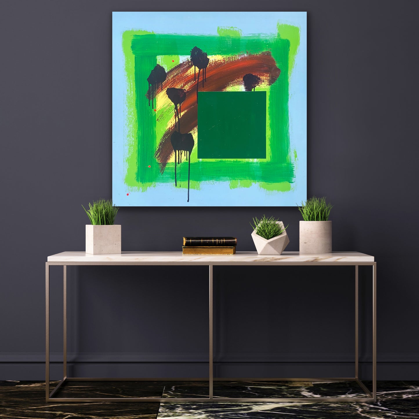 A picture of the painting "Picking Blackberries" on a grey wall.