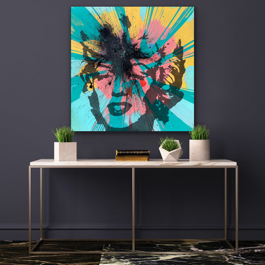 A picture of the painting "Shot Marilyn Black" on a grey wall.