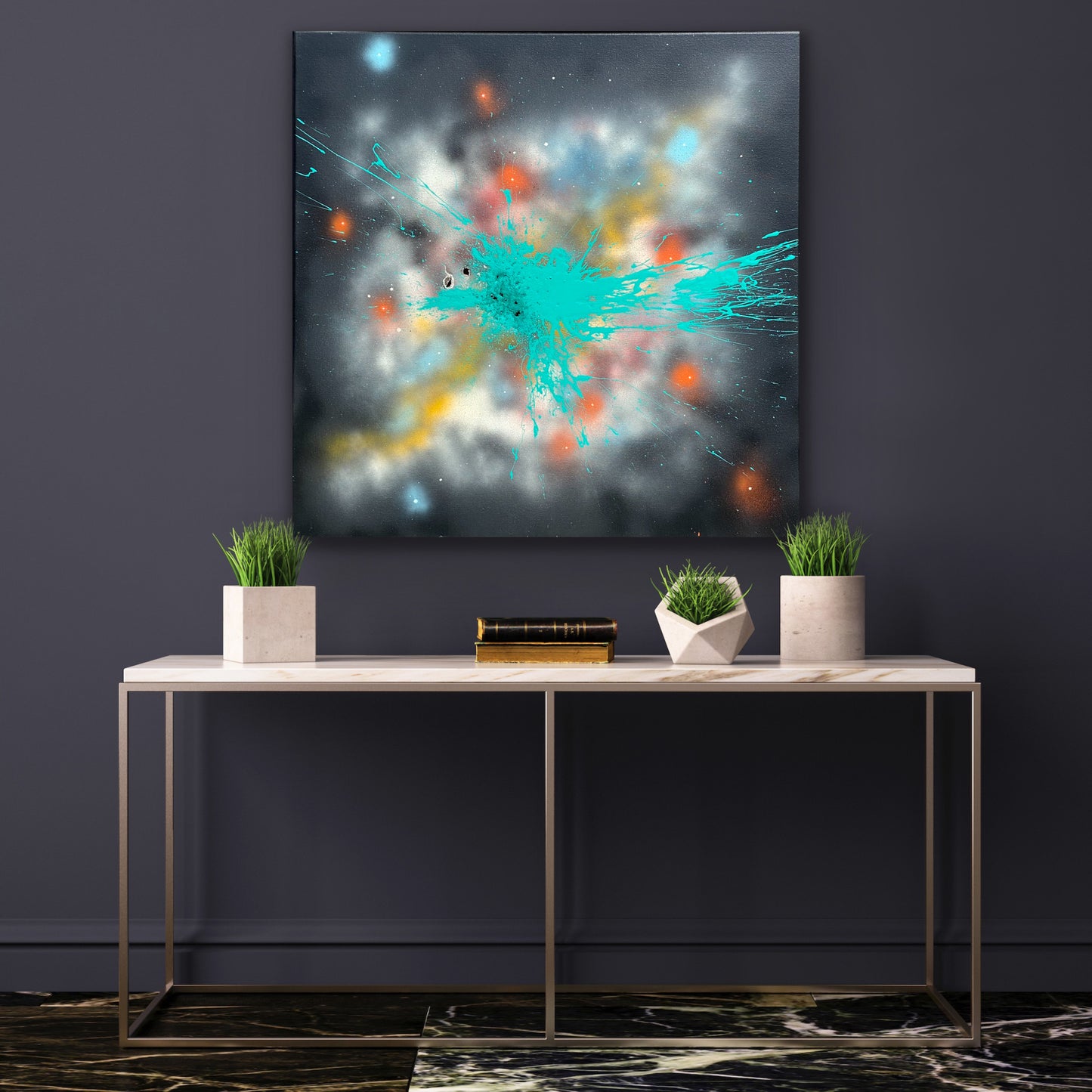 A picture of the painting "Event" on a grey wall.