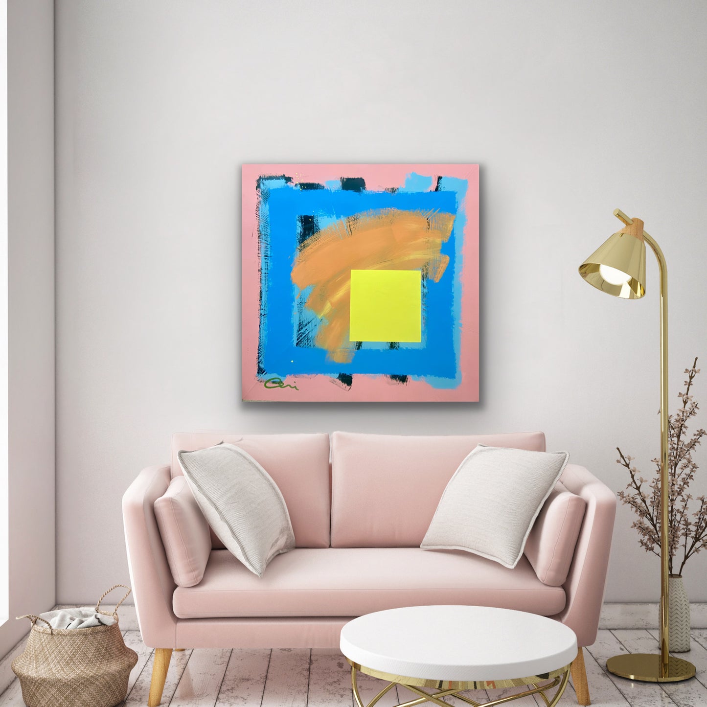 A picture of the painting "Sunset pink and yellow" on a white wall.