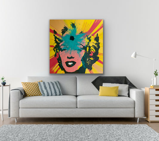 A picture of the paintng "Shot Marilyn Turquoise" on a white wall.