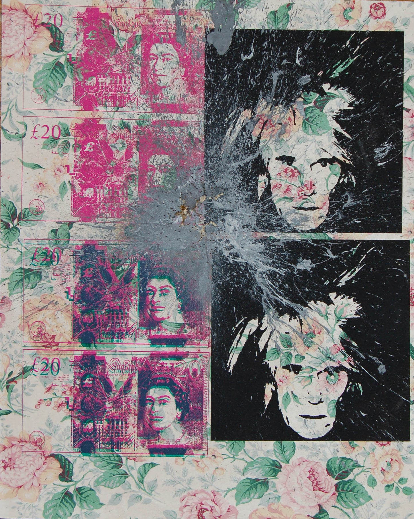 4 bank notes and 2 portraits of Andy Warhol screen printed on to old curtains with a splash of grey applied with a shotgun.