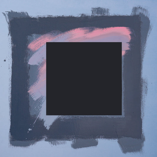 Loosely painted greys on a lighter blue/grey background with a smudge of pink, overpainted with a dark grey square.