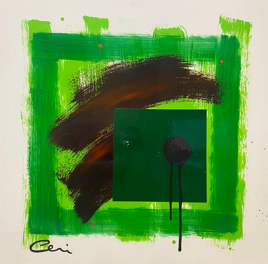 Loosely painted greens on an ivory background overlayed with a smudge of dark purple and red overpainted with a dark green square and purple, dripping round brush mark.