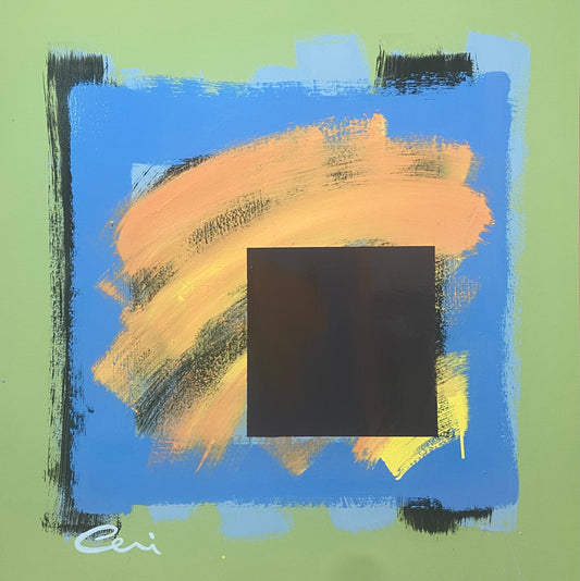Loosely painted blue square overlayed with orange and yellow with hard edged dark grey square.