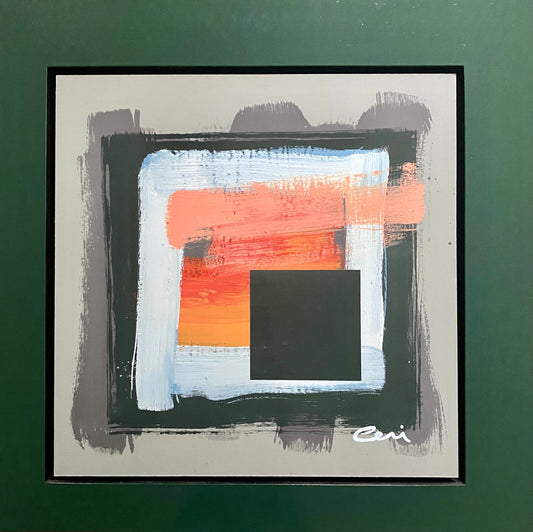 Loosely painted grey, blue and white squares on a light grey background marked with orange, red and pink and a hard edged dark green square.