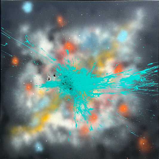 A black background colourful sprayed and spattered with a splash of turquoise applied with a shotgun leaving holes in the canvas