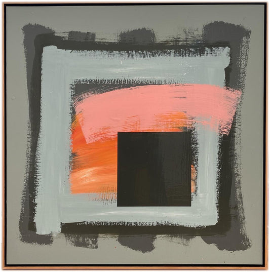 loosely painted squares depicting a semi abstract sunset in grey and pink.