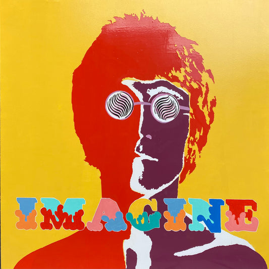 On a yellow eggshell background, Richard Avedon”s portrait of John Lennon and the word Imagine painted in a 1960’s circus font, all done in high gloss.