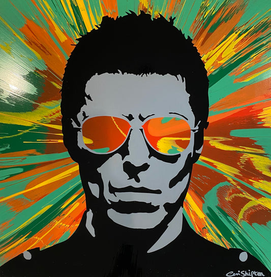 Black and grey portrait of Liam Gallagher on a red yellow and green spin painting.