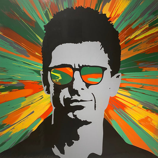 Black and grey portrait of Noel Gallagher on a red yellow and green spin painting.