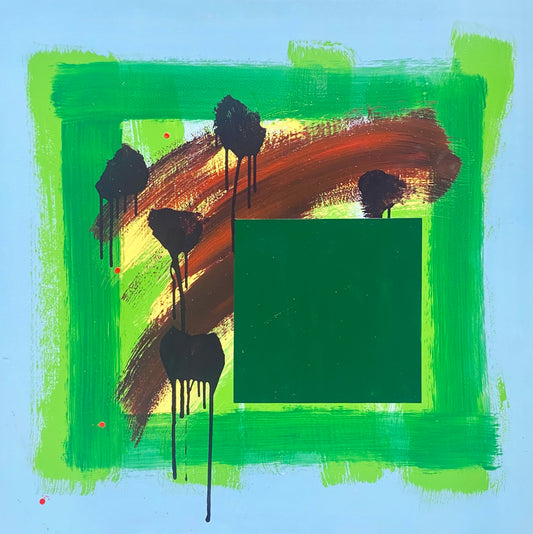 Loosely painted green square withe purple and red maks overpainted with hard edged green square.
