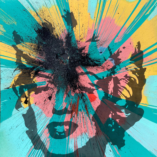 Andy Warhol’s image of Marilyn on a yellow pink and terquoise spin painting wish a splash of black applied with a shotgun.
