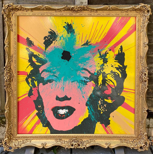 Andy Warhol’s image of Marilyn on a red and yellow spin painting wish a splash of turquoise applied with a shotgun.