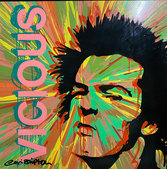 Black and red portrait of Sid Vicious on a red yellow and green spin painting.