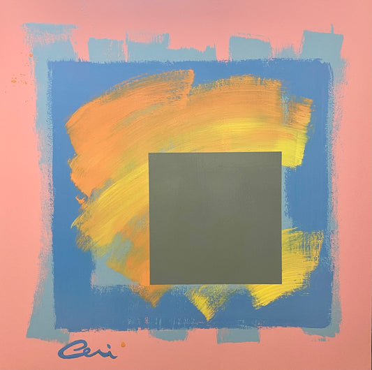 Loosely painted blues on a pink background overlayed with a smudge of orange  and yellow and overpainted with a grey square. Large signature in blue.