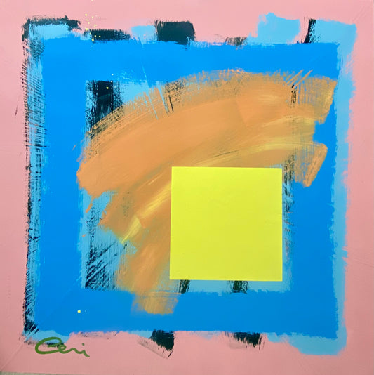 Loosely painted blues and dark grey on a pink background overlayed with a smudge of orange  and yellow and overpainted with a yellow square. Large signature in green.