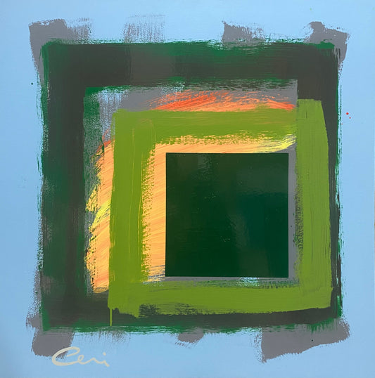 Loosely painted green squares on a sky blue background marked with red, orange and yellow and a hard edged green square.
