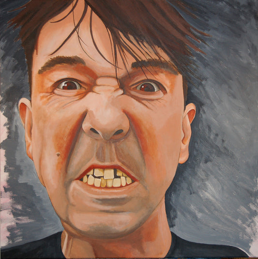 An angry self portrait on a grey background.