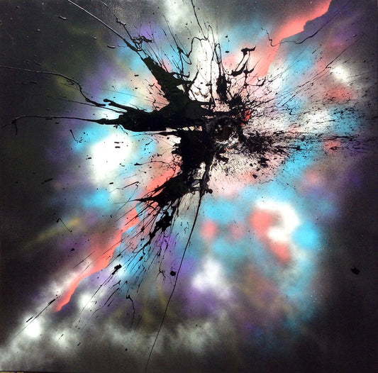 A black mak applied with a shotgun on a colourful sprayed background.
