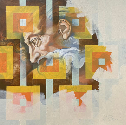 A painting of Michael Angelo's depiction of God from the Sistine chaple overlaed with 1960's wall paper and then overlayed wih magnolia paint.