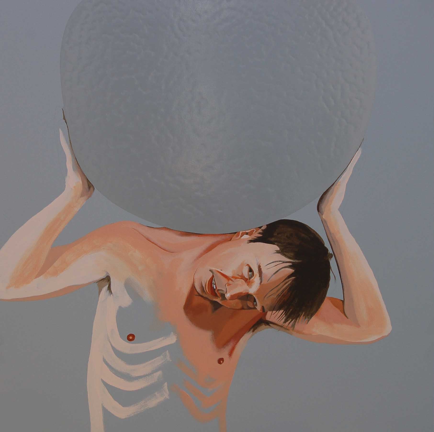 On a light grey background a partially painted self portrait holding a large ball of the same colour as the background but in gloss, like Atlas holding the burden of the world.