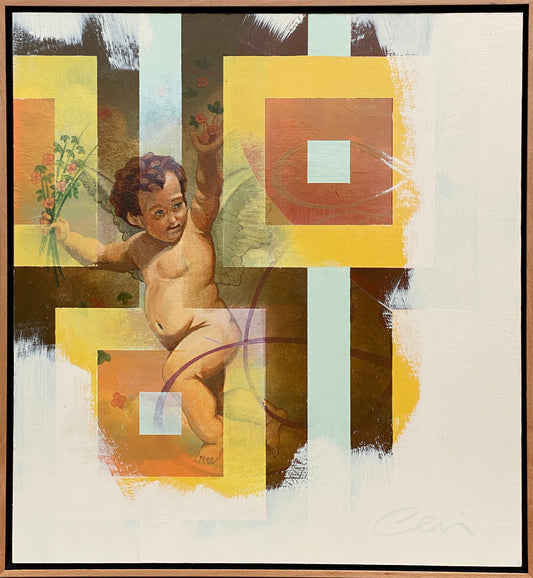 A painting of a cherub holding flowers overlayed with 1960's wall paper and then painted over with magnolia.