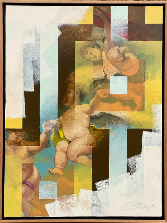 A painting of cherub's holding hands overlayed with 1960's wall paper and then painted over with magnolia.