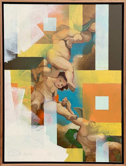A painting of cherub's holding hands overlayed with 1960's wall paper and then painted over with magnolia.