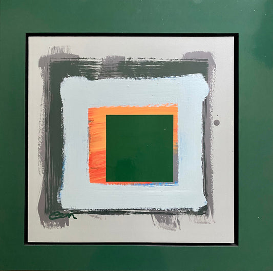 Loosely painted grey squares marked with orange and red and a hard edged green square on a light grey background.